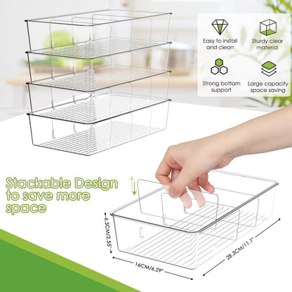 ZIZOTI Snack Organizer for Pantry Shelf, Clear Plastic Pantry Storage Bins with 3 Dividers for Snacks, Spices, Chips Food Organizer, Stackable Pantry Organizers for Kitchen, Fridge, Cabinet