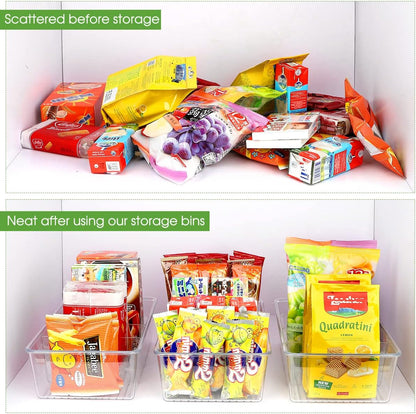 ZIZOTI Snack Organizer for Pantry Shelf, Clear Plastic Pantry Storage Bins with 3 Dividers for Snacks, Spices, Chips Food Organizer, Stackable Pantry Organizers for Kitchen, Fridge, Cabinet
