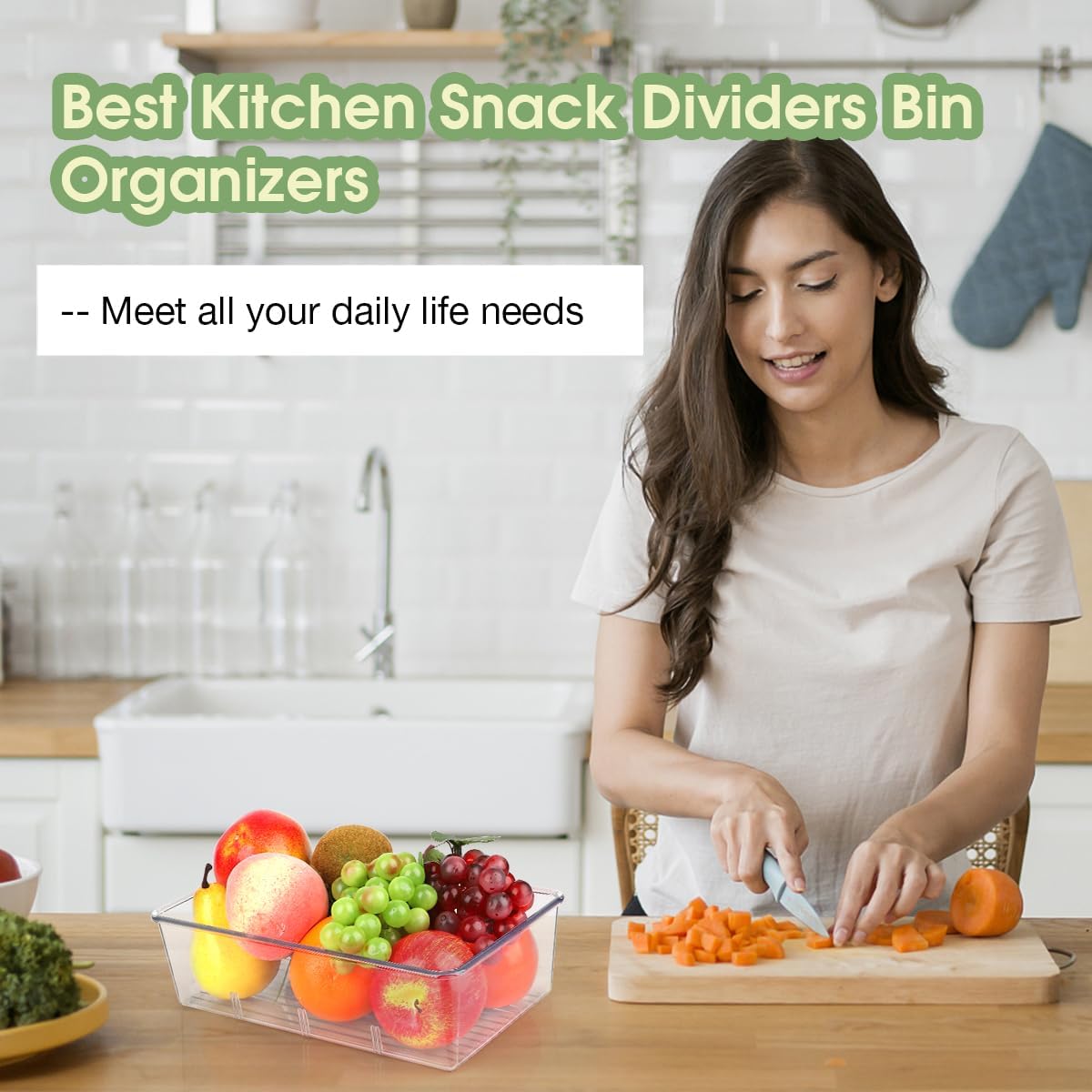ZIZOTI Snack Organizer for Pantry Shelf, Clear Plastic Pantry Storage Bins with 3 Dividers for Snacks, Spices, Chips Food Organizer, Stackable Pantry Organizers for Kitchen, Fridge, Cabinet