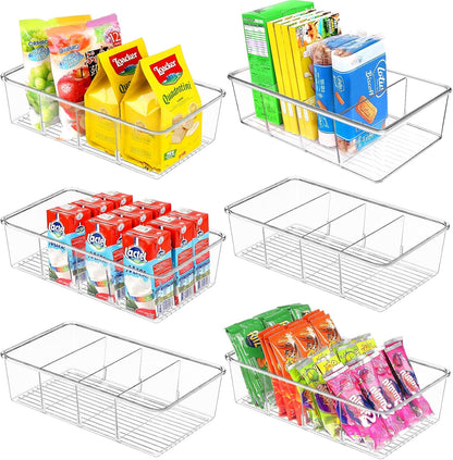 ZIZOTI Snack Organizer for Pantry Shelf, Clear Plastic Pantry Storage Bins with 3 Dividers for Snacks, Spices, Chips Food Organizer, Stackable Pantry Organizers for Kitchen, Fridge, Cabinet