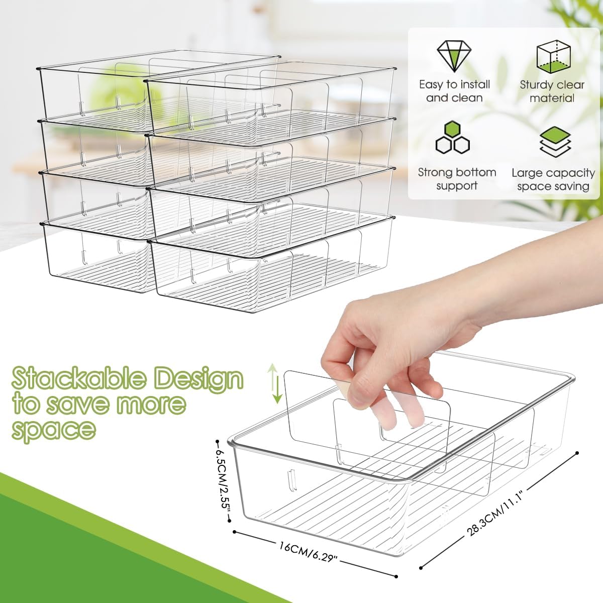 ZIZOTI Snack Organizer for Pantry Shelf, Clear Plastic Pantry Storage Bins with 3 Dividers for Snacks, Spices, Chips Food Organizer, Stackable Pantry Organizers for Kitchen, Fridge, Cabinet
