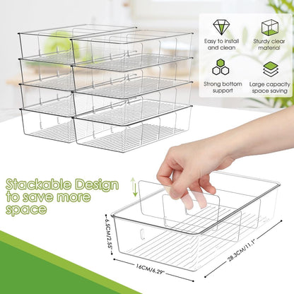 ZIZOTI Snack Organizer for Pantry Shelf, Clear Plastic Pantry Storage Bins with 3 Dividers for Snacks, Spices, Chips Food Organizer, Stackable Pantry Organizers for Kitchen, Fridge, Cabinet