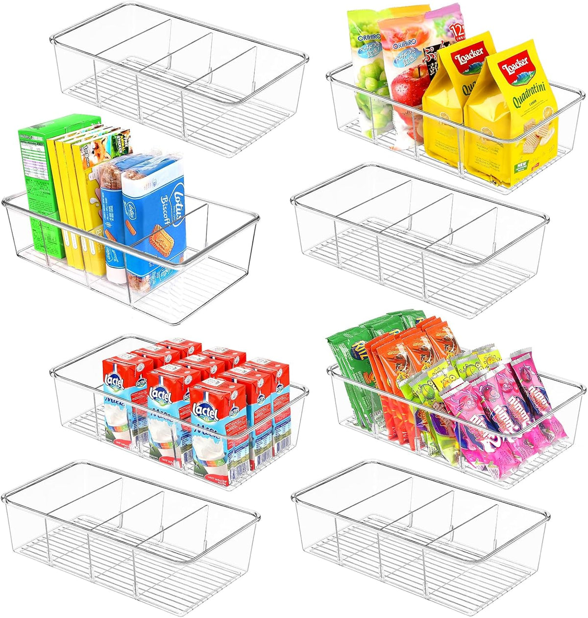 ZIZOTI Snack Organizer for Pantry Shelf, Clear Plastic Pantry Storage Bins with 3 Dividers for Snacks, Spices, Chips Food Organizer, Stackable Pantry Organizers for Kitchen, Fridge, Cabinet