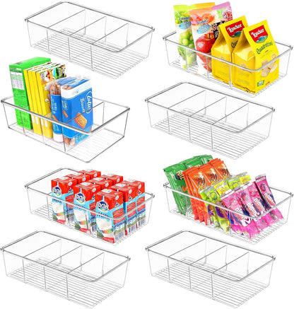 ZIZOTI Snack Organizer for Pantry Shelf, Clear Plastic Pantry Storage Bins with 3 Dividers for Snacks, Spices, Chips Food Organizer, Stackable Pantry Organizers for Kitchen, Fridge, Cabinet