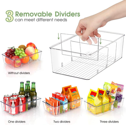ZIZOTI Snack Organizer for Pantry Shelf, Clear Plastic Pantry Storage Bins with 3 Dividers for Snacks, Spices, Chips Food Organizer, Stackable Pantry Organizers for Kitchen, Fridge, Cabinet