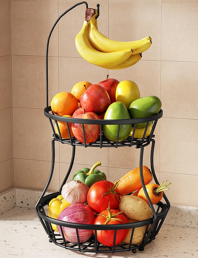 2-Tier Large Fruit Basket Bowl for Kitchen Counter with Banana Hanger | Stackable Vegetable Storage, Large Metal Wire Basket Stand for Veggies, Onions, Potatoes and Snack
