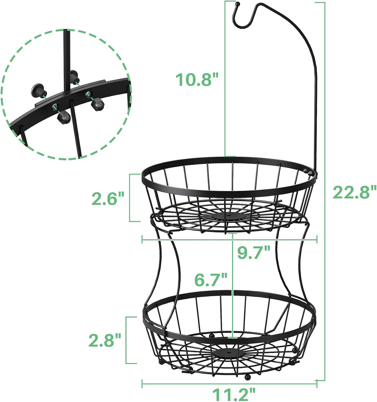 2-Tier Large Fruit Basket Bowl for Kitchen Counter with Banana Hanger | Stackable Vegetable Storage, Large Metal Wire Basket Stand for Veggies, Onions, Potatoes and Snack