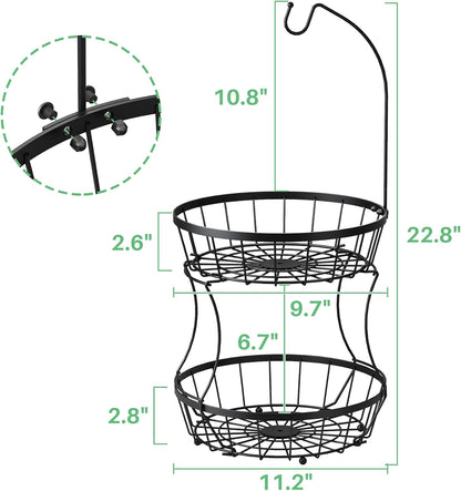 2-Tier Large Fruit Basket Bowl for Kitchen Counter with Banana Hanger | Stackable Vegetable Storage, Large Metal Wire Basket Stand for Veggies, Onions, Potatoes and Snack
