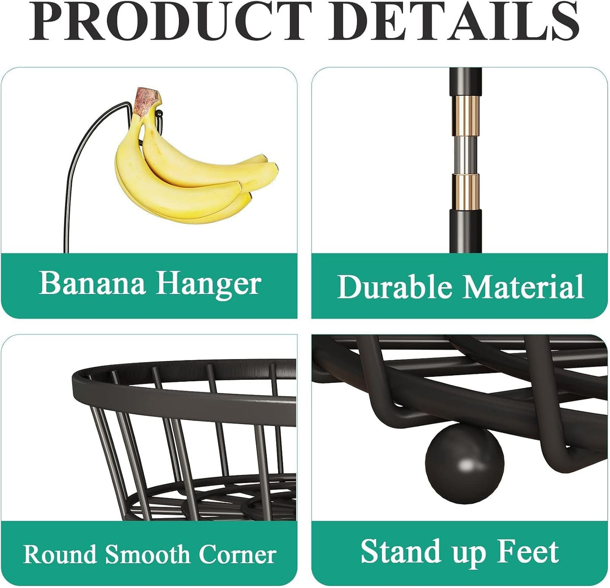 2-Tier Large Fruit Basket Bowl for Kitchen Counter with Banana Hanger | Stackable Vegetable Storage, Large Metal Wire Basket Stand for Veggies, Onions, Potatoes and Snack