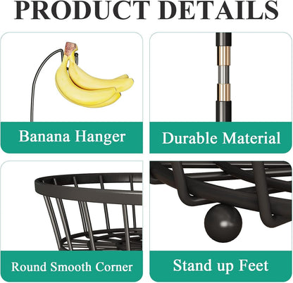 2-Tier Large Fruit Basket Bowl for Kitchen Counter with Banana Hanger | Stackable Vegetable Storage, Large Metal Wire Basket Stand for Veggies, Onions, Potatoes and Snack