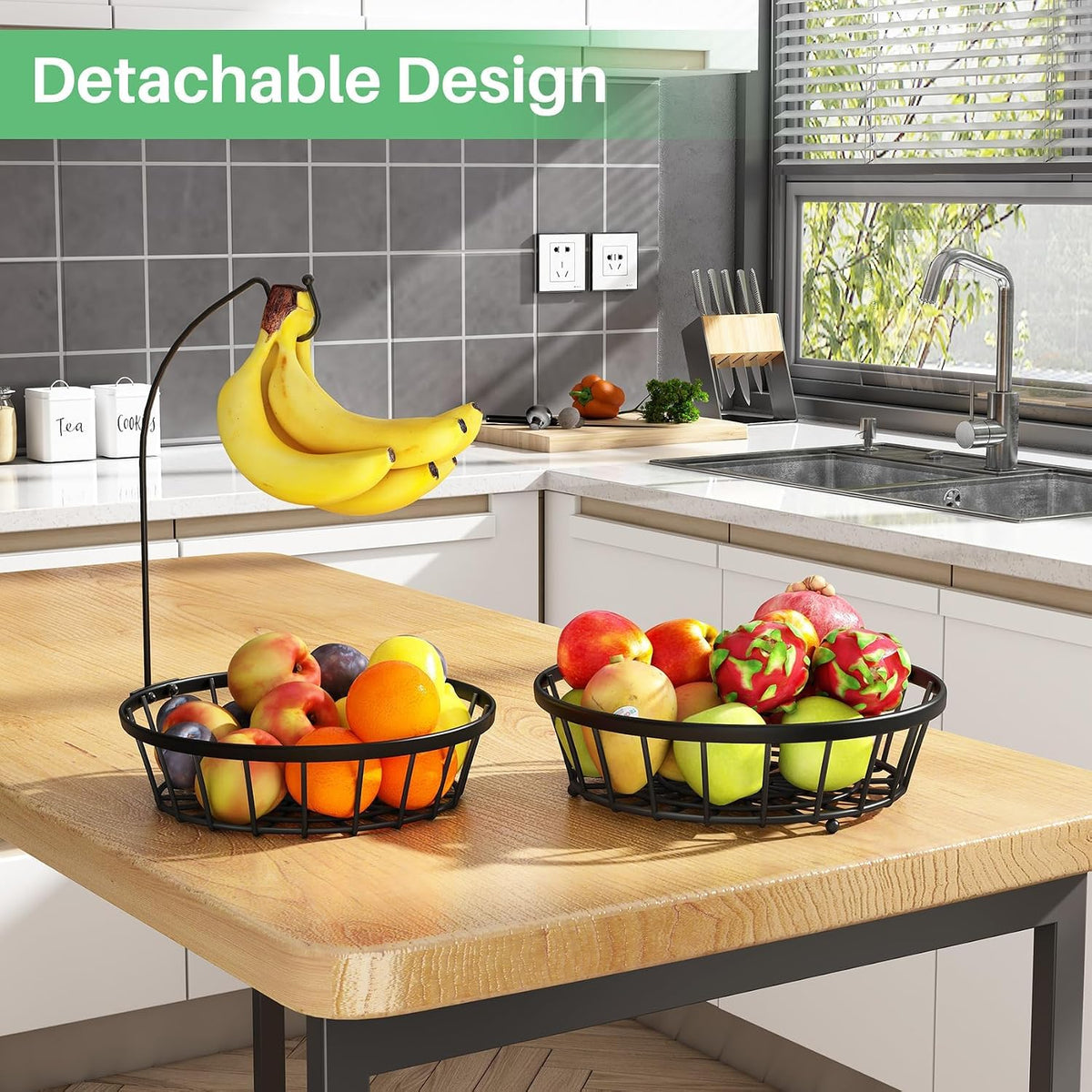 2-Tier Large Fruit Basket Bowl for Kitchen Counter with Banana Hanger | Stackable Vegetable Storage, Large Metal Wire Basket Stand for Veggies, Onions, Potatoes and Snack