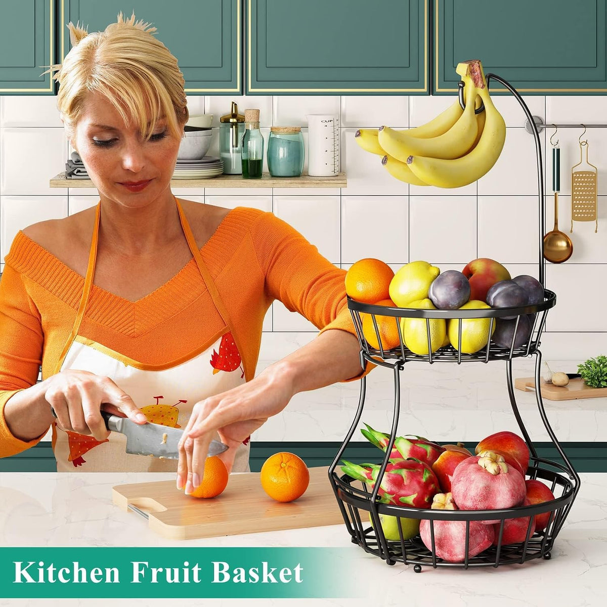 2-Tier Large Fruit Basket Bowl for Kitchen Counter with Banana Hanger | Stackable Vegetable Storage, Large Metal Wire Basket Stand for Veggies, Onions, Potatoes and Snack