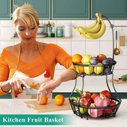 2-Tier Large Fruit Basket Bowl for Kitchen Counter with Banana Hanger | Stackable Vegetable Storage, Large Metal Wire Basket Stand for Veggies, Onions, Potatoes and Snack