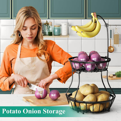 2-Tier Large Fruit Basket Bowl for Kitchen Counter with Banana Hanger | Stackable Vegetable Storage, Large Metal Wire Basket Stand for Veggies, Onions, Potatoes and Snack