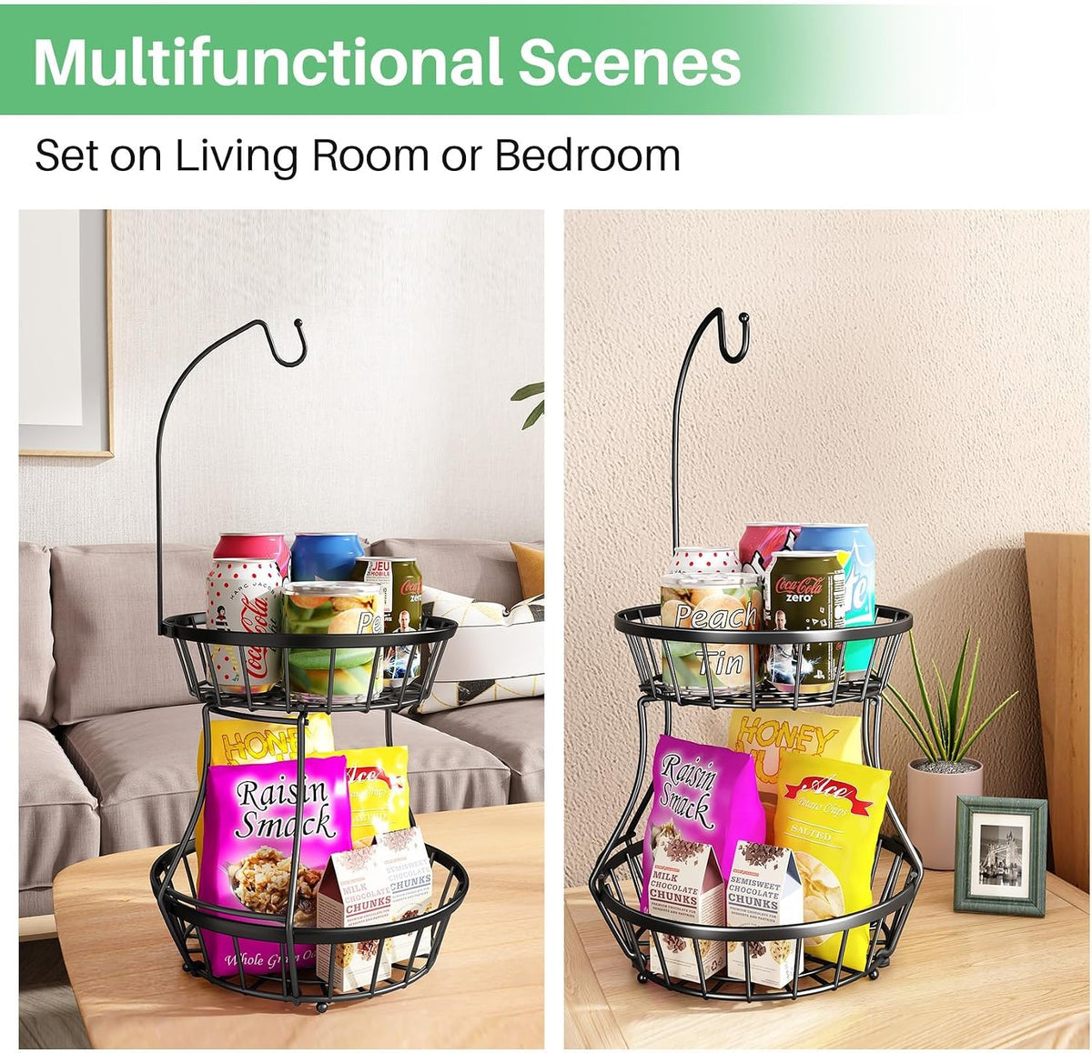 2-Tier Large Fruit Basket Bowl for Kitchen Counter with Banana Hanger | Stackable Vegetable Storage, Large Metal Wire Basket Stand for Veggies, Onions, Potatoes and Snack