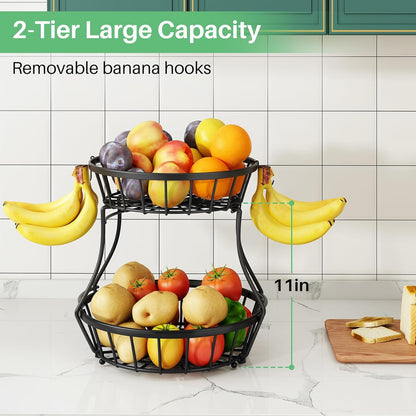 2-Tier Large Fruit Basket Bowl for Kitchen Counter with Banana Hanger | Stackable Vegetable Storage, Large Metal Wire Basket Stand for Veggies, Onions, Potatoes and Snack