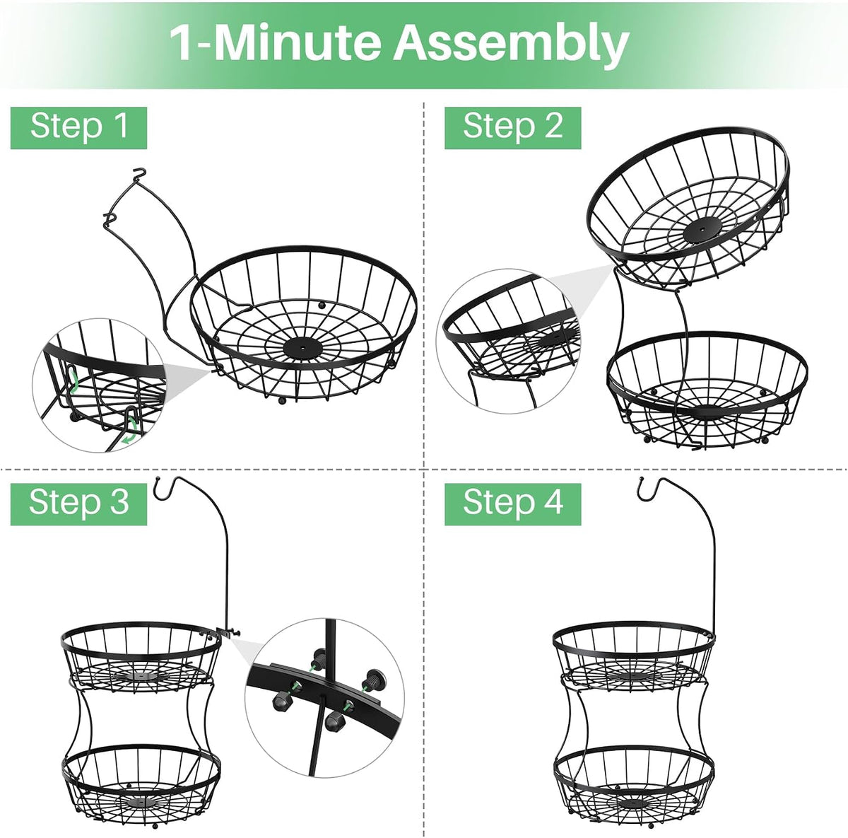 2-Tier Large Fruit Basket Bowl for Kitchen Counter with Banana Hanger | Stackable Vegetable Storage, Large Metal Wire Basket Stand for Veggies, Onions, Potatoes and Snack