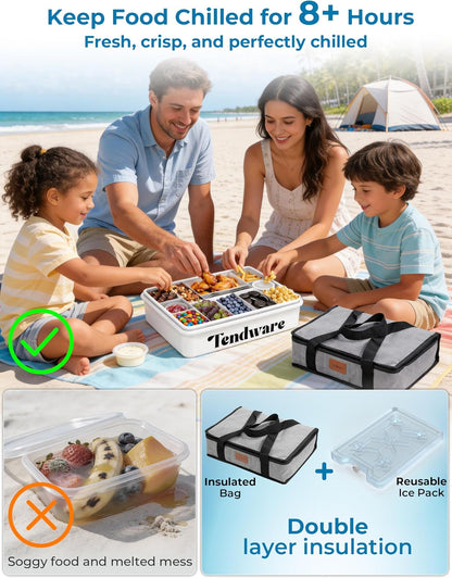 Chilled Portable Snackle Box Container with Ice Pack, Beach Essentials for Summer, Divided Serving Tray with Insulated Bag, Snack Containers for Road Trip Charcuterie Snack Picnic, Peony