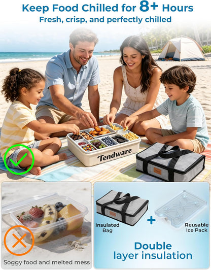 Chilled Portable Snackle Box Container with Ice Pack, Beach Essentials for Summer, Divided Serving Tray with Insulated Bag, Snack Containers for Road Trip Charcuterie Snack Picnic, Peony