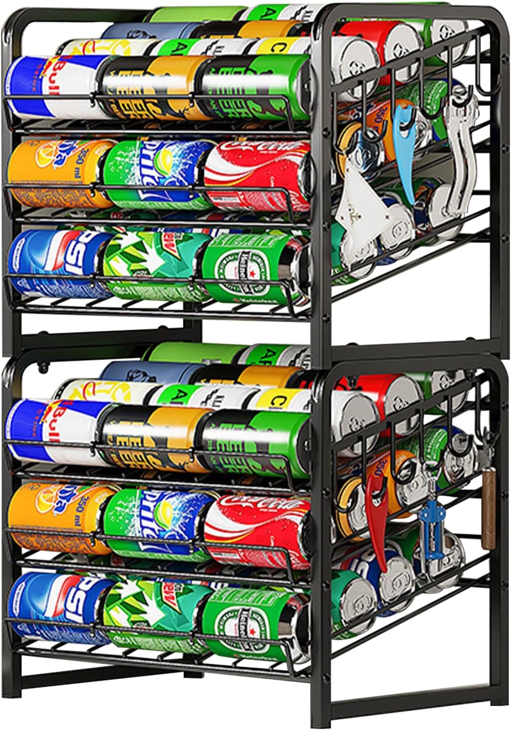 6-Tier Stackable Soda Can Rack Organizer for Pantry, Black, 2 Pack | Adjustable Can Dispenser Holds Up to 60 Cans, with 12 Hooks,Can Storage Holder for Various Ounces of Canned Food Soda Drinks