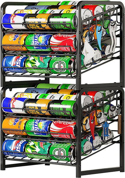 6-Tier Stackable Soda Can Rack Organizer for Pantry, Black, 2 Pack | Adjustable Can Dispenser Holds Up to 60 Cans, with 12 Hooks,Can Storage Holder for Various Ounces of Canned Food Soda Drinks