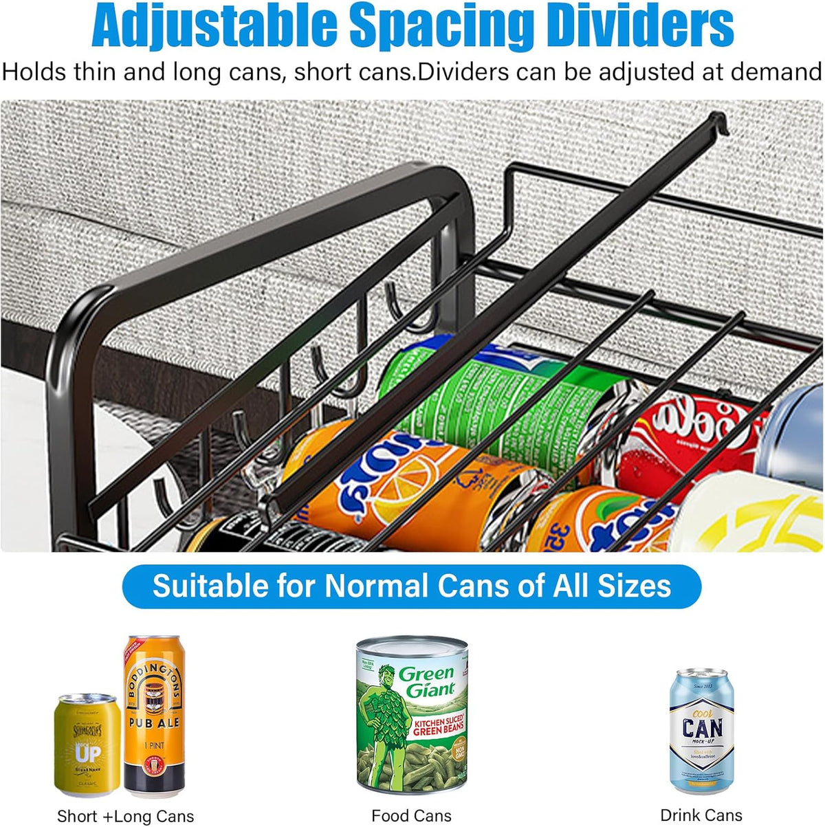 6-Tier Stackable Soda Can Rack Organizer for Pantry, Black, 2 Pack | Adjustable Can Dispenser Holds Up to 60 Cans, with 12 Hooks,Can Storage Holder for Various Ounces of Canned Food Soda Drinks