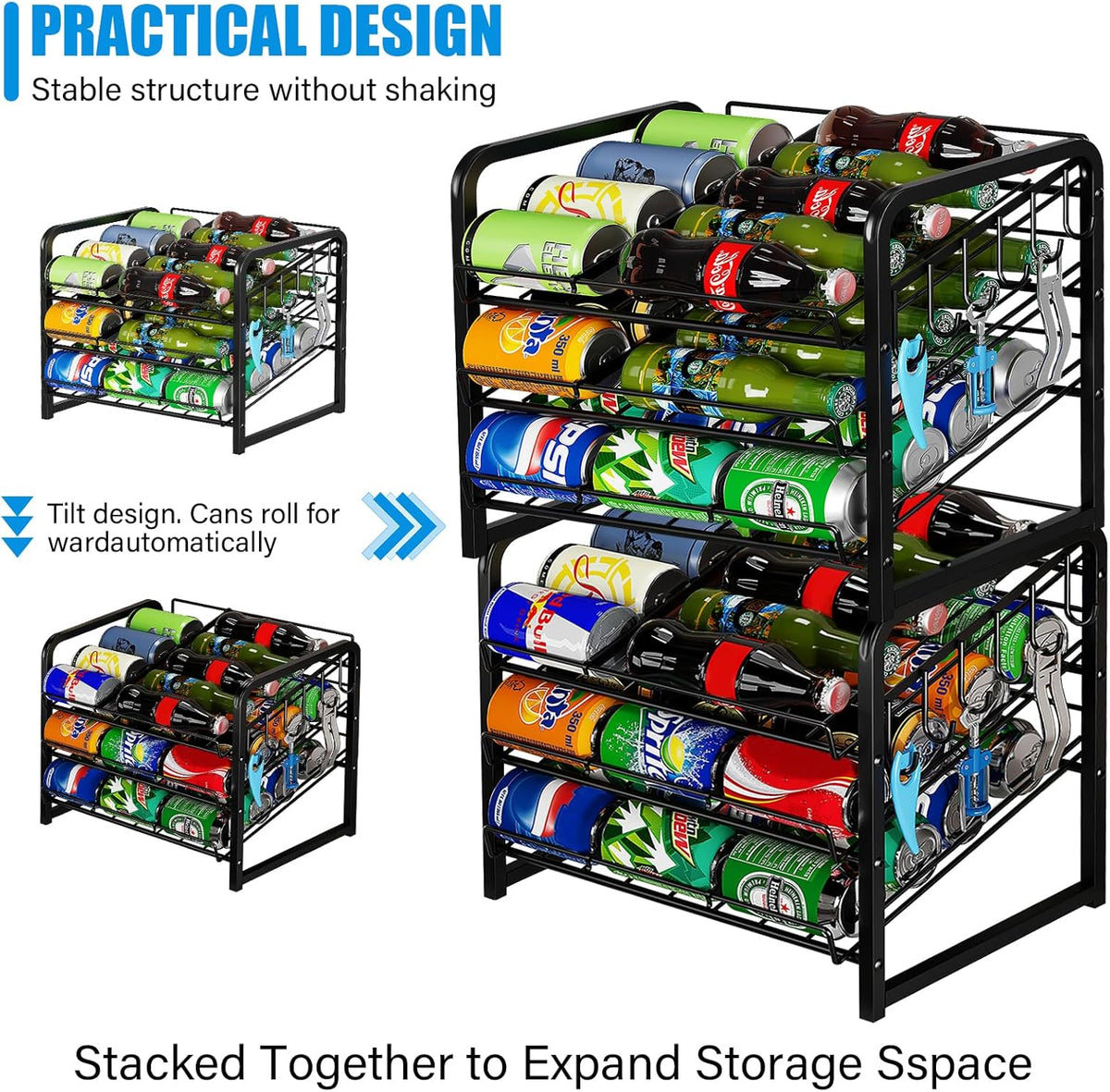 6-Tier Stackable Soda Can Rack Organizer for Pantry, Black, 2 Pack | Adjustable Can Dispenser Holds Up to 60 Cans, with 12 Hooks,Can Storage Holder for Various Ounces of Canned Food Soda Drinks