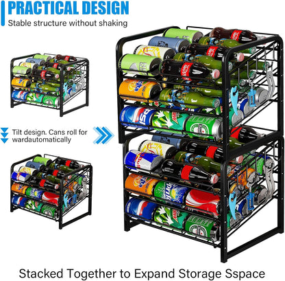 6-Tier Stackable Soda Can Rack Organizer for Pantry, Black, 2 Pack | Adjustable Can Dispenser Holds Up to 60 Cans, with 12 Hooks,Can Storage Holder for Various Ounces of Canned Food Soda Drinks