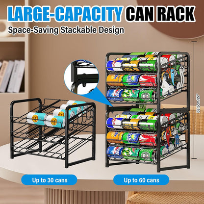 6-Tier Stackable Soda Can Rack Organizer for Pantry, Black, 2 Pack | Adjustable Can Dispenser Holds Up to 60 Cans, with 12 Hooks,Can Storage Holder for Various Ounces of Canned Food Soda Drinks
