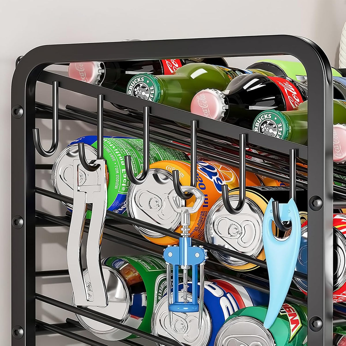 6-Tier Stackable Soda Can Rack Organizer for Pantry, Black, 2 Pack | Adjustable Can Dispenser Holds Up to 60 Cans, with 12 Hooks,Can Storage Holder for Various Ounces of Canned Food Soda Drinks