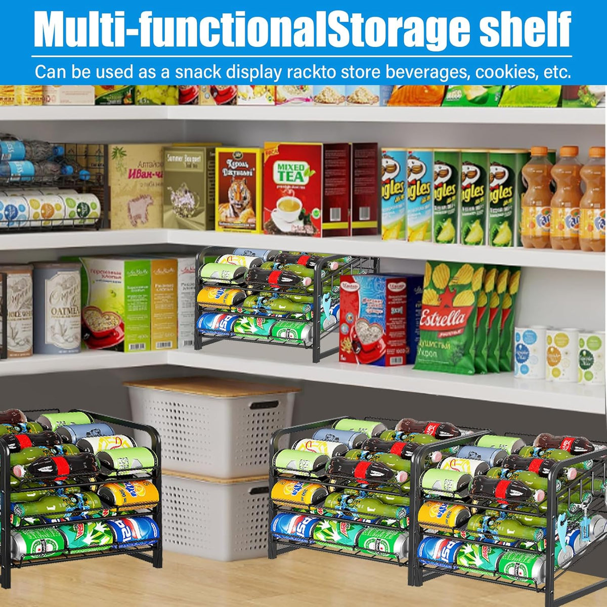 6-Tier Stackable Soda Can Rack Organizer for Pantry, Black, 2 Pack | Adjustable Can Dispenser Holds Up to 60 Cans, with 12 Hooks,Can Storage Holder for Various Ounces of Canned Food Soda Drinks
