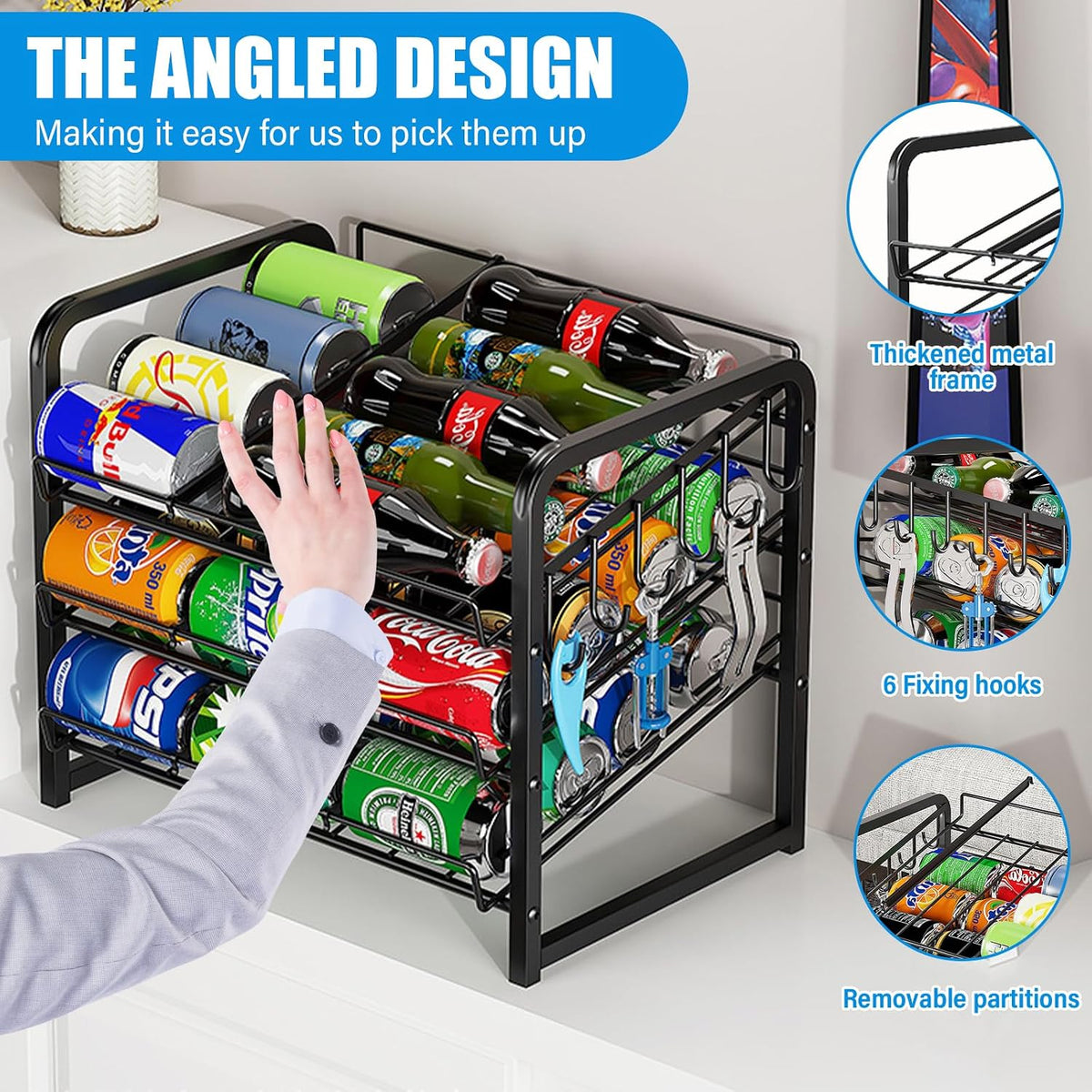 6-Tier Stackable Soda Can Rack Organizer for Pantry, Black, 2 Pack | Adjustable Can Dispenser Holds Up to 60 Cans, with 12 Hooks,Can Storage Holder for Various Ounces of Canned Food Soda Drinks
