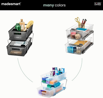 2 Tier Organizer, Under Cabinet Storage with Pull Out Sliding Drawers, for Cleaning Supplies, Undersink Storage, Sponges, Bottles & Bath, Adjustable Dividers & Pull Out Baskets, Clear