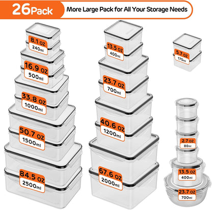 52 PCS Food Storage Containers with Lids Airtight (26 Lids & 26 Containers) | Reusable Plastic Leakproof Meal-Prep Container for Kitchen Storage Organization Microwave/Dishwasher Safe with Labels & Pen