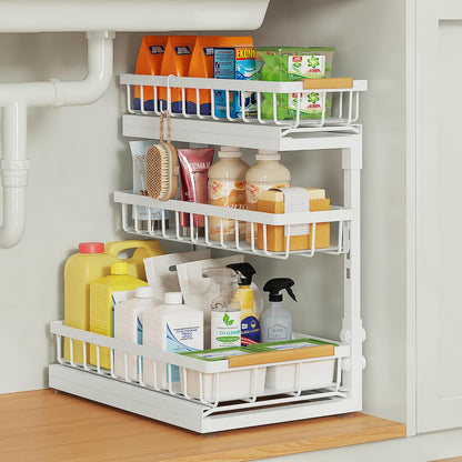 Under Sink Organizer and Storage for Bathroom and Kitchen - 3 Tier Under Cabinet Pull Out Shelf Organizers - Slide Out Drawer Organization for Home Cabinets Shelves and Drawers