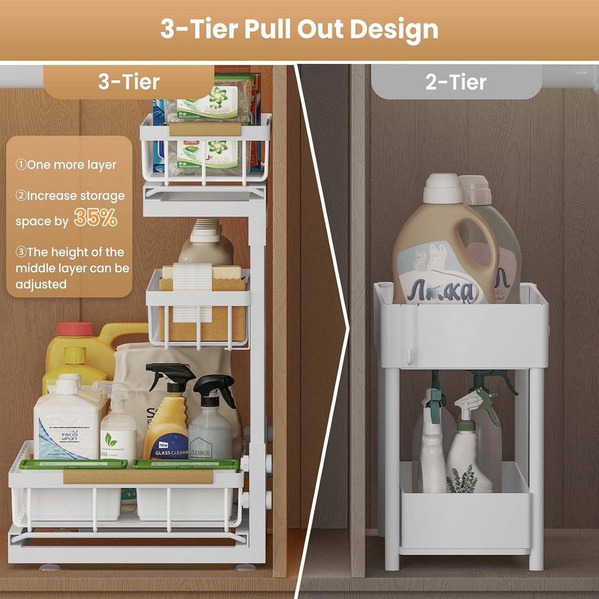 Under Sink Organizer and Storage for Bathroom and Kitchen - 3 Tier Under Cabinet Pull Out Shelf Organizers - Slide Out Drawer Organization for Home Cabinets Shelves and Drawers
