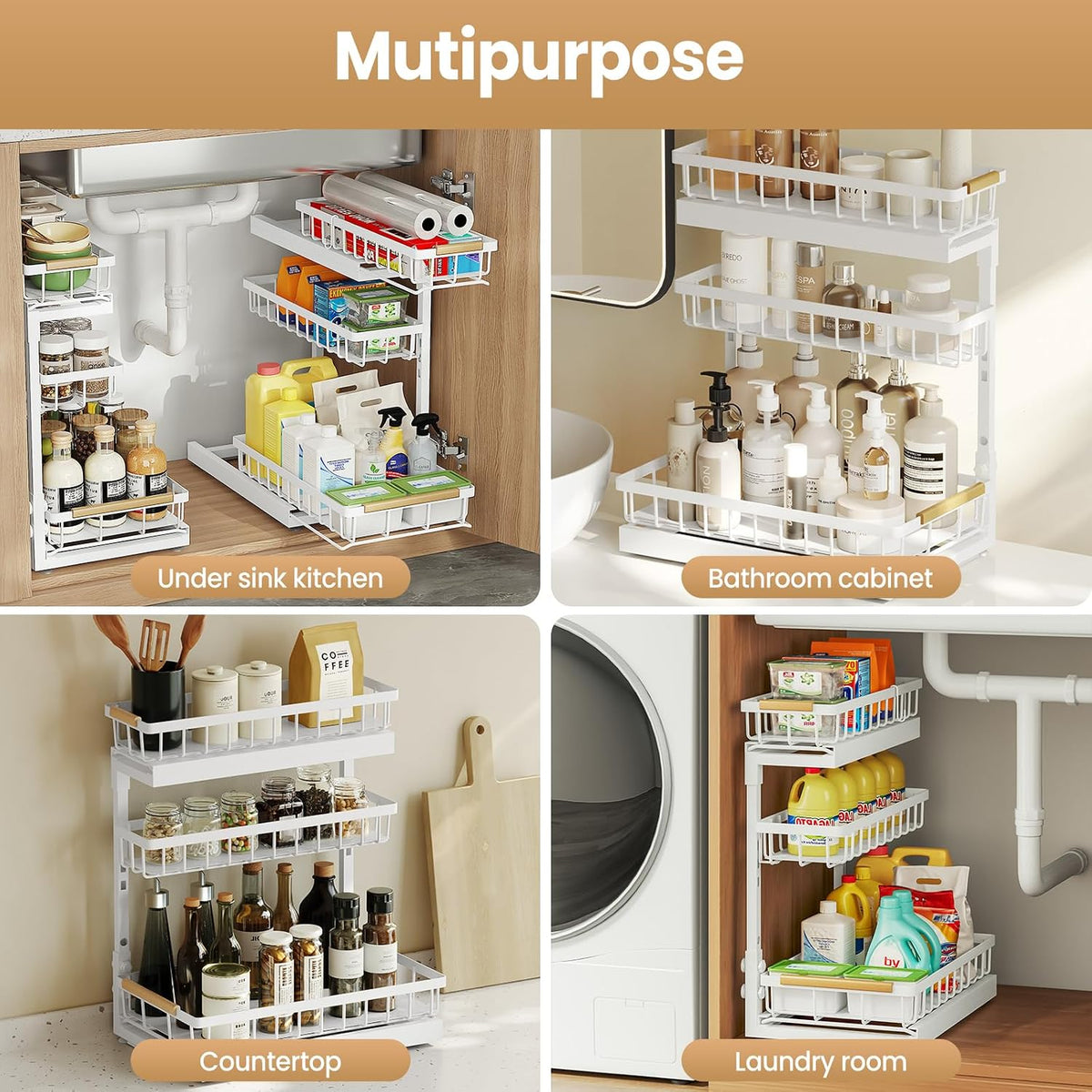 Under Sink Organizer and Storage for Bathroom and Kitchen - 3 Tier Under Cabinet Pull Out Shelf Organizers - Slide Out Drawer Organization for Home Cabinets Shelves and Drawers