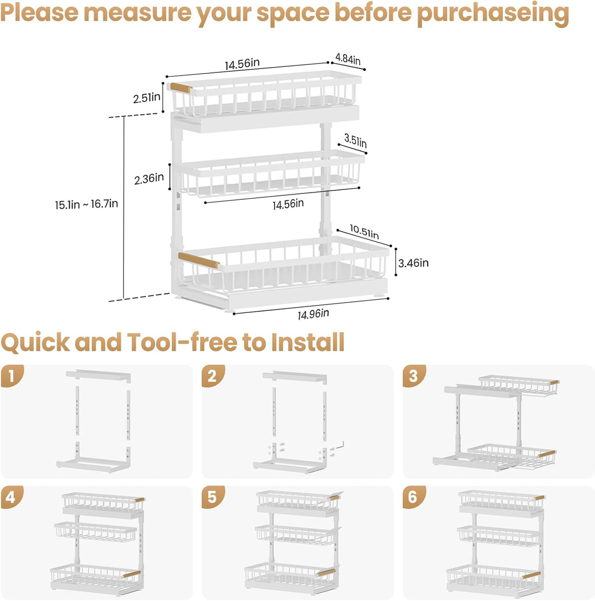 Under Sink Organizer and Storage for Bathroom and Kitchen - 3 Tier Under Cabinet Pull Out Shelf Organizers - Slide Out Drawer Organization for Home Cabinets Shelves and Drawers