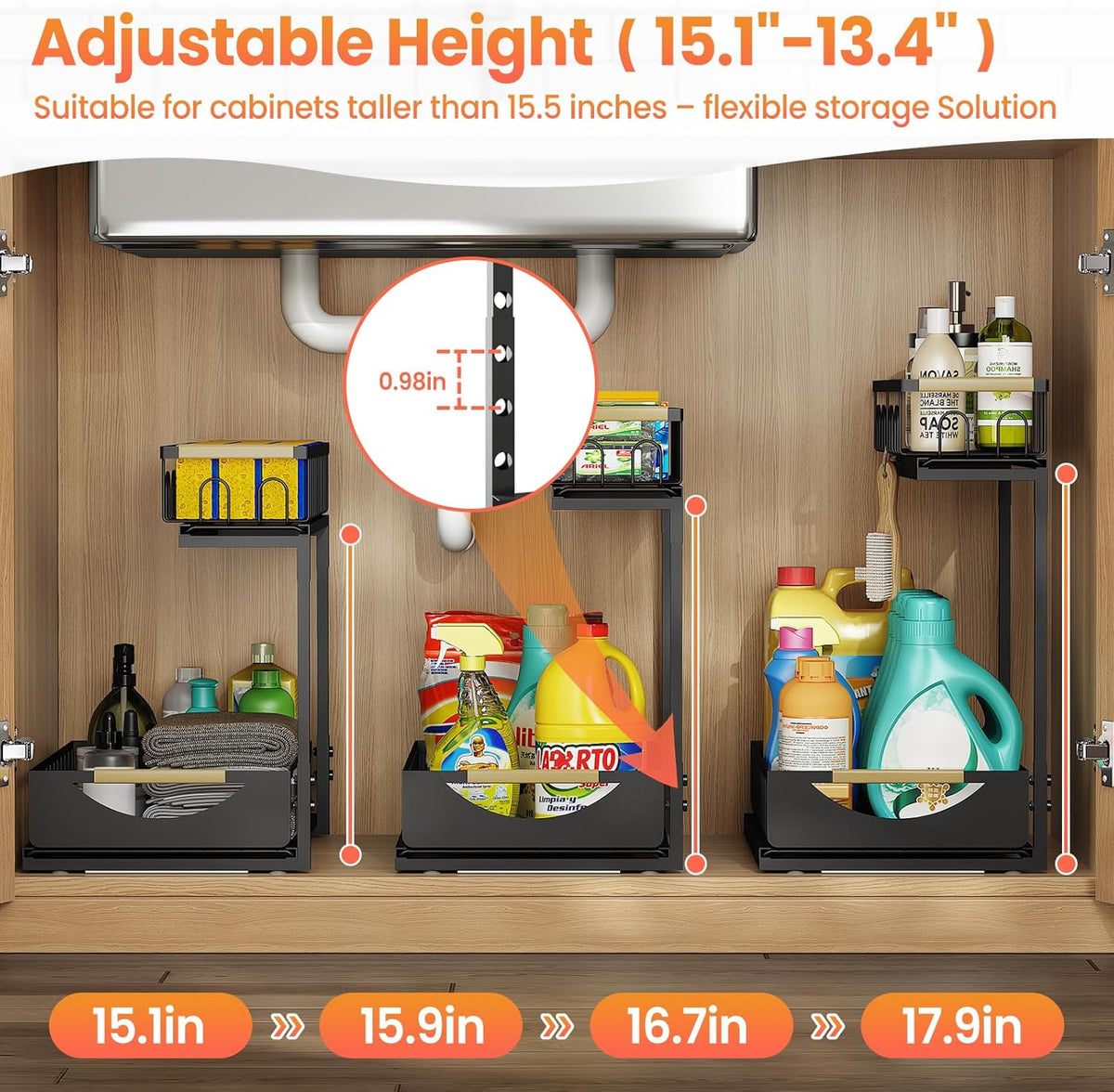 Under Sink Organizer and Storage for Bathroom and Kitchen - 3 Tier Under Cabinet Pull Out Shelf Organizers - Slide Out Drawer Organization for Home Cabinets Shelves and Drawers