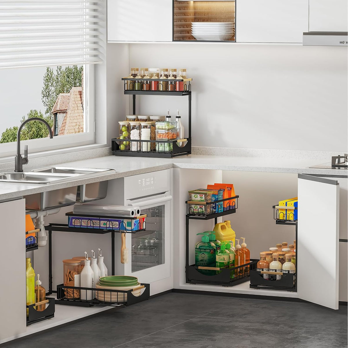 Under Sink Organizer and Storage for Bathroom and Kitchen - 3 Tier Under Cabinet Pull Out Shelf Organizers - Slide Out Drawer Organization for Home Cabinets Shelves and Drawers