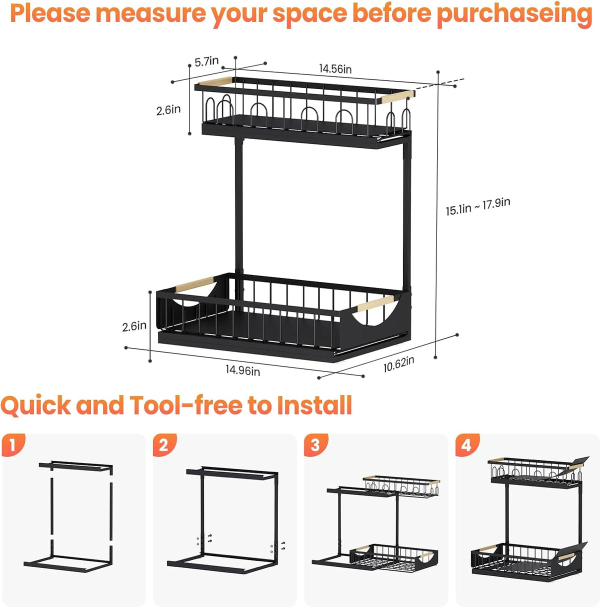 Under Sink Organizer and Storage for Bathroom and Kitchen - 3 Tier Under Cabinet Pull Out Shelf Organizers - Slide Out Drawer Organization for Home Cabinets Shelves and Drawers