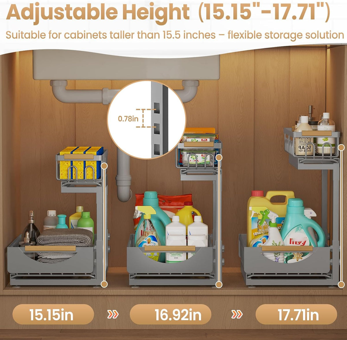 Under Sink Organizer and Storage for Bathroom and Kitchen - 3 Tier Under Cabinet Pull Out Shelf Organizers - Slide Out Drawer Organization for Home Cabinets Shelves and Drawers