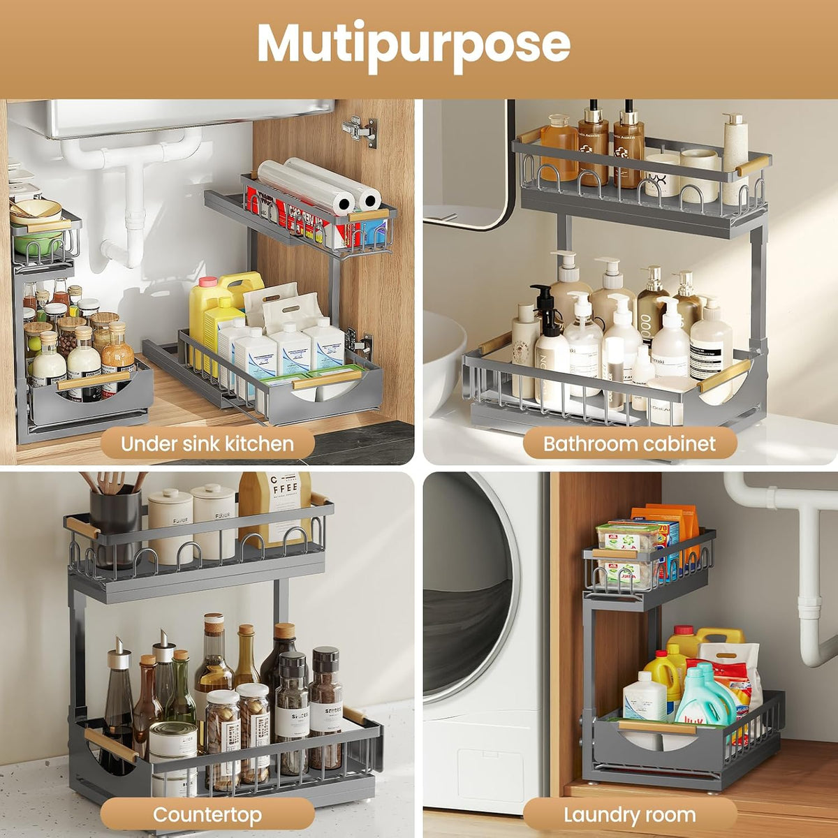 Under Sink Organizer and Storage for Bathroom and Kitchen - 3 Tier Under Cabinet Pull Out Shelf Organizers - Slide Out Drawer Organization for Home Cabinets Shelves and Drawers