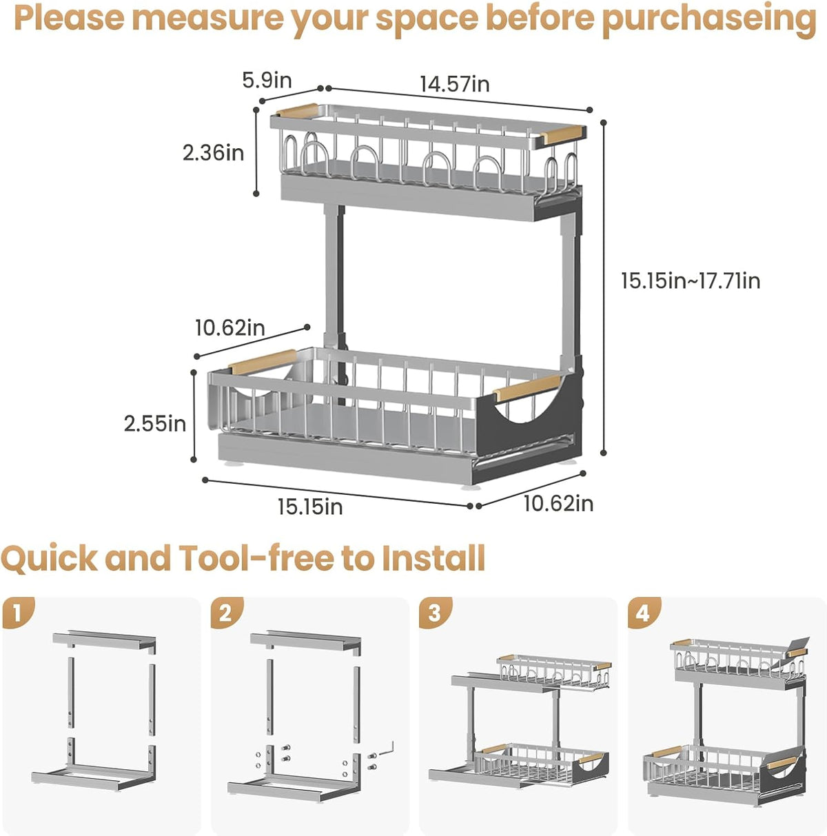 Under Sink Organizer and Storage for Bathroom and Kitchen - 3 Tier Under Cabinet Pull Out Shelf Organizers - Slide Out Drawer Organization for Home Cabinets Shelves and Drawers