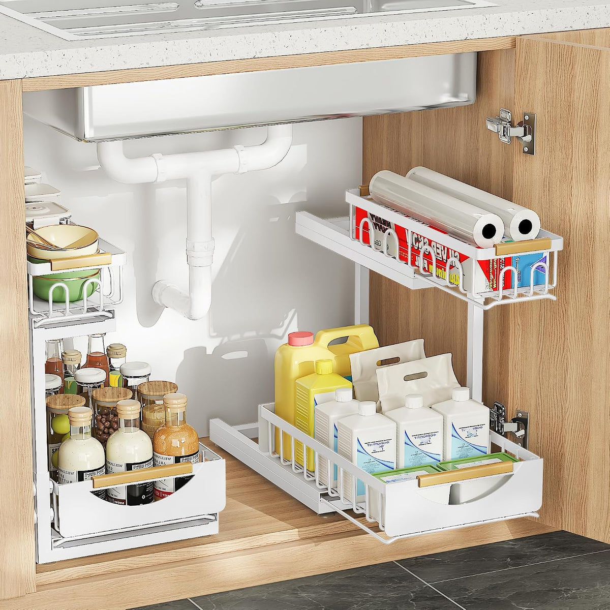 Under Sink Organizer and Storage for Bathroom and Kitchen - 3 Tier Under Cabinet Pull Out Shelf Organizers - Slide Out Drawer Organization for Home Cabinets Shelves and Drawers