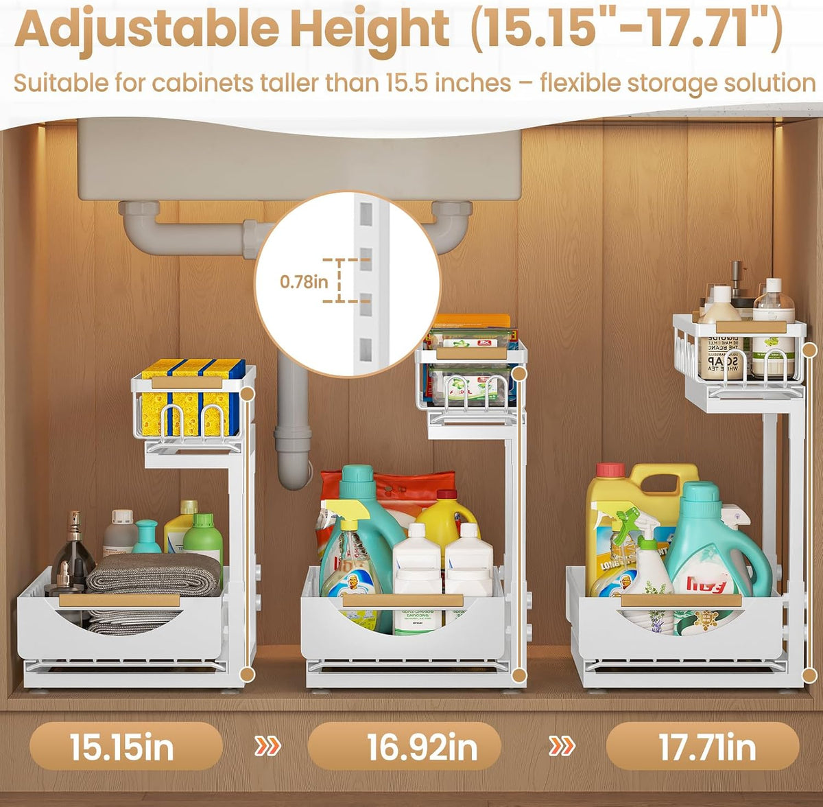 Under Sink Organizer and Storage for Bathroom and Kitchen - 3 Tier Under Cabinet Pull Out Shelf Organizers - Slide Out Drawer Organization for Home Cabinets Shelves and Drawers