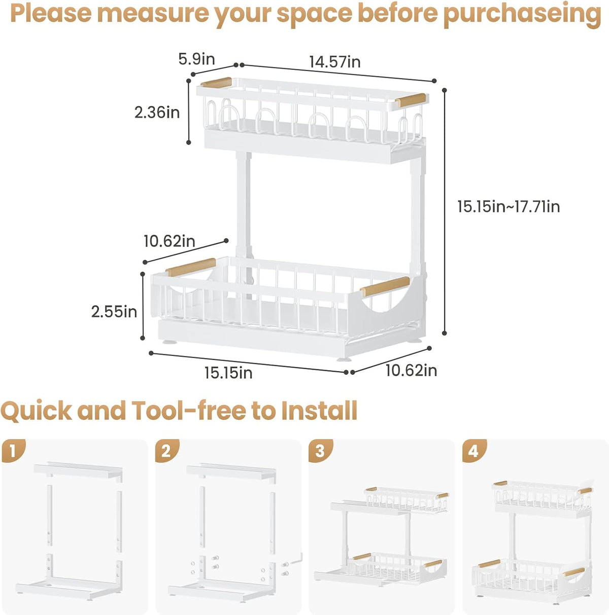 Under Sink Organizer and Storage for Bathroom and Kitchen - 3 Tier Under Cabinet Pull Out Shelf Organizers - Slide Out Drawer Organization for Home Cabinets Shelves and Drawers