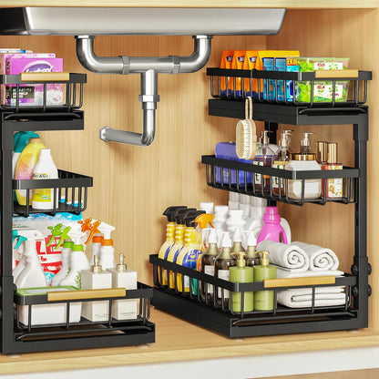 Under Sink Organizer and Storage for Bathroom and Kitchen - 3 Tier Under Cabinet Pull Out Shelf Organizers - Slide Out Drawer Organization for Home Cabinets Shelves and Drawers