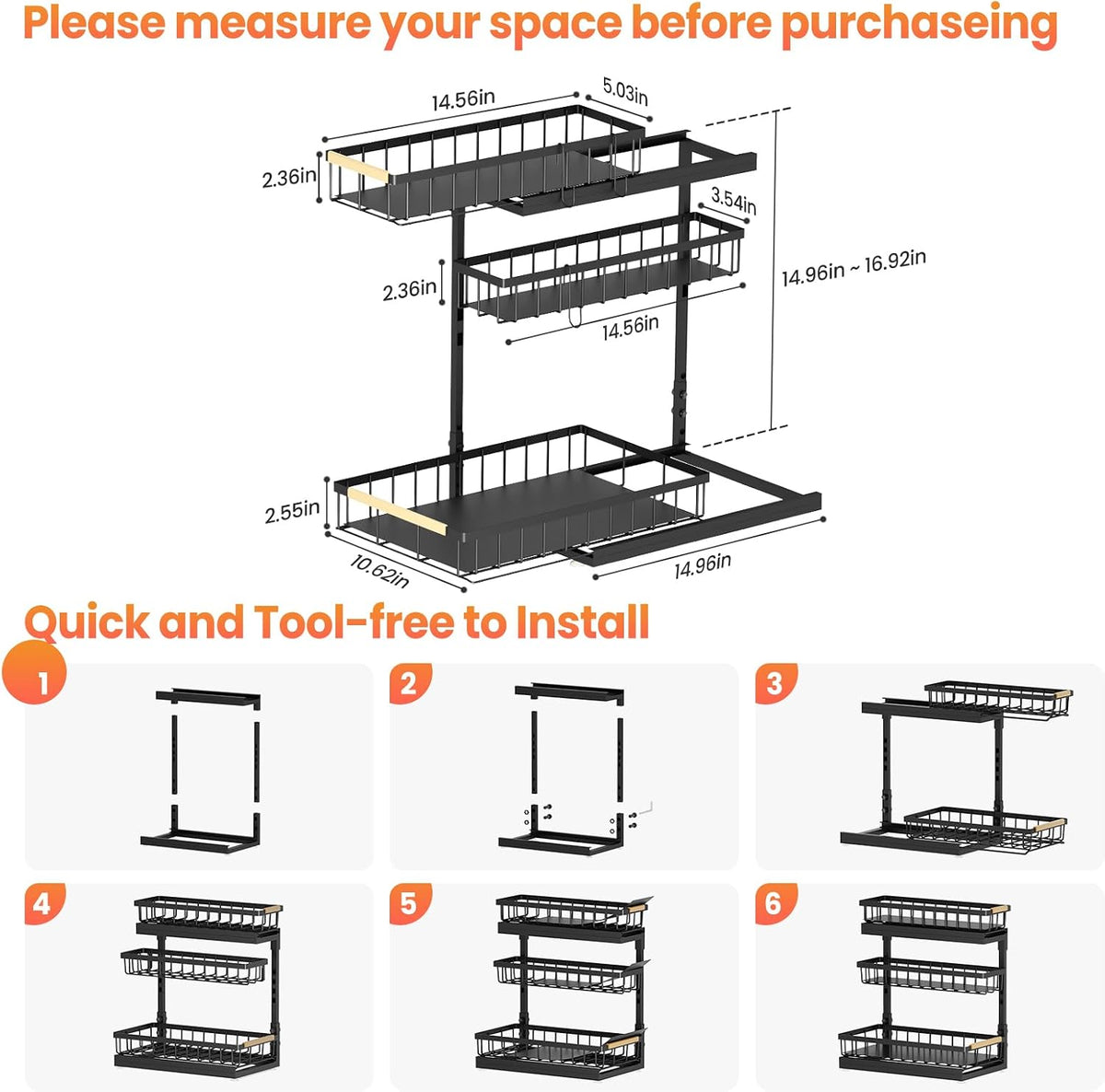 Under Sink Organizer and Storage for Bathroom and Kitchen - 3 Tier Under Cabinet Pull Out Shelf Organizers - Slide Out Drawer Organization for Home Cabinets Shelves and Drawers