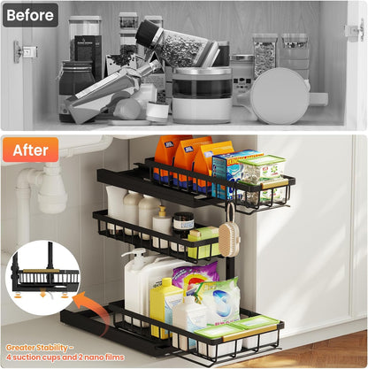 Under Sink Organizer and Storage for Bathroom and Kitchen - 3 Tier Under Cabinet Pull Out Shelf Organizers - Slide Out Drawer Organization for Home Cabinets Shelves and Drawers